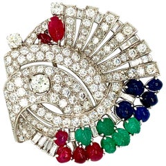 Art Deco Tutti Frutti Diamond, Ruby, Emerald, and Sapphire Brooch in Platinum