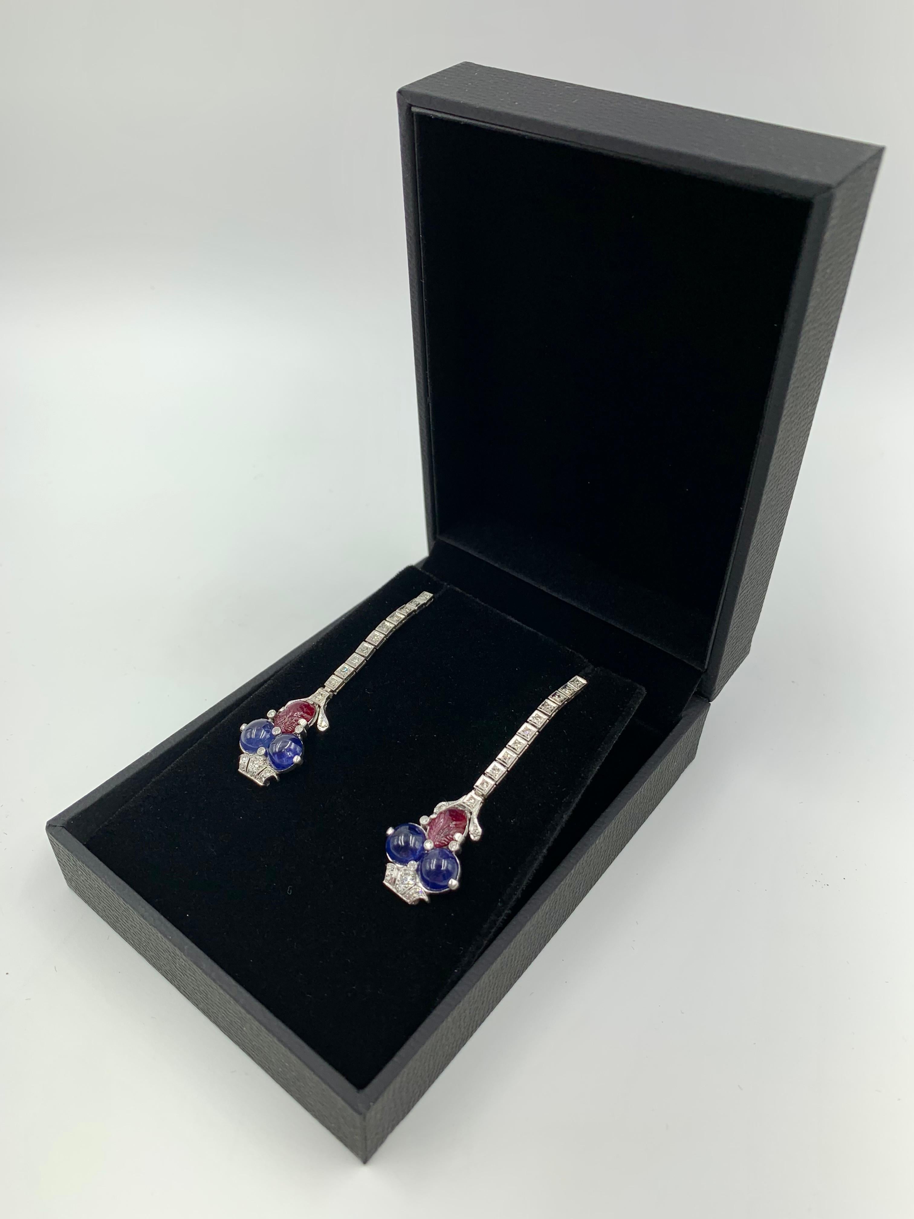 Art Deco Tutti Frutti Diamond Sapphire Carved Ruby Platinum Earrings, Circa 1920 For Sale 2