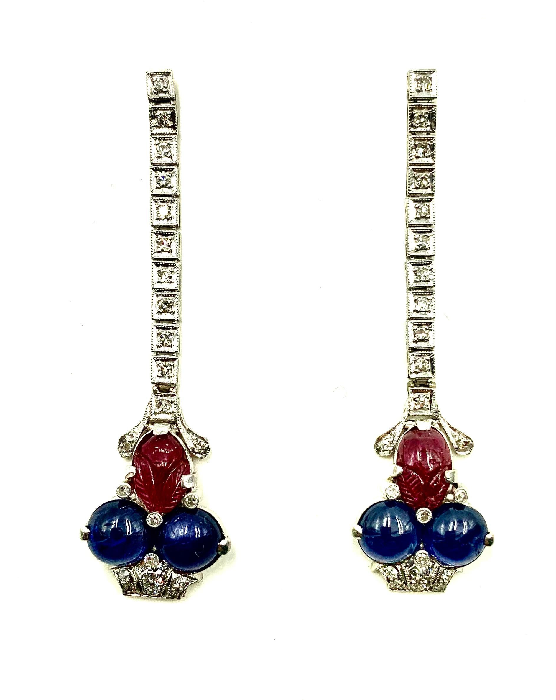 Art Deco Tutti Frutti Diamond Sapphire Carved Ruby Platinum Earrings, Circa 1920 For Sale 3