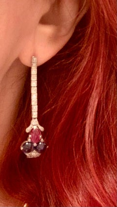 Art Deco Tutti Frutti Diamond Sapphire Carved Ruby Platinum Earrings, Circa 1920
