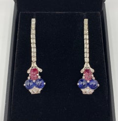 Art Deco Tutti Frutti Diamond Sapphire Carved Ruby Platinum Earrings, Circa 1920