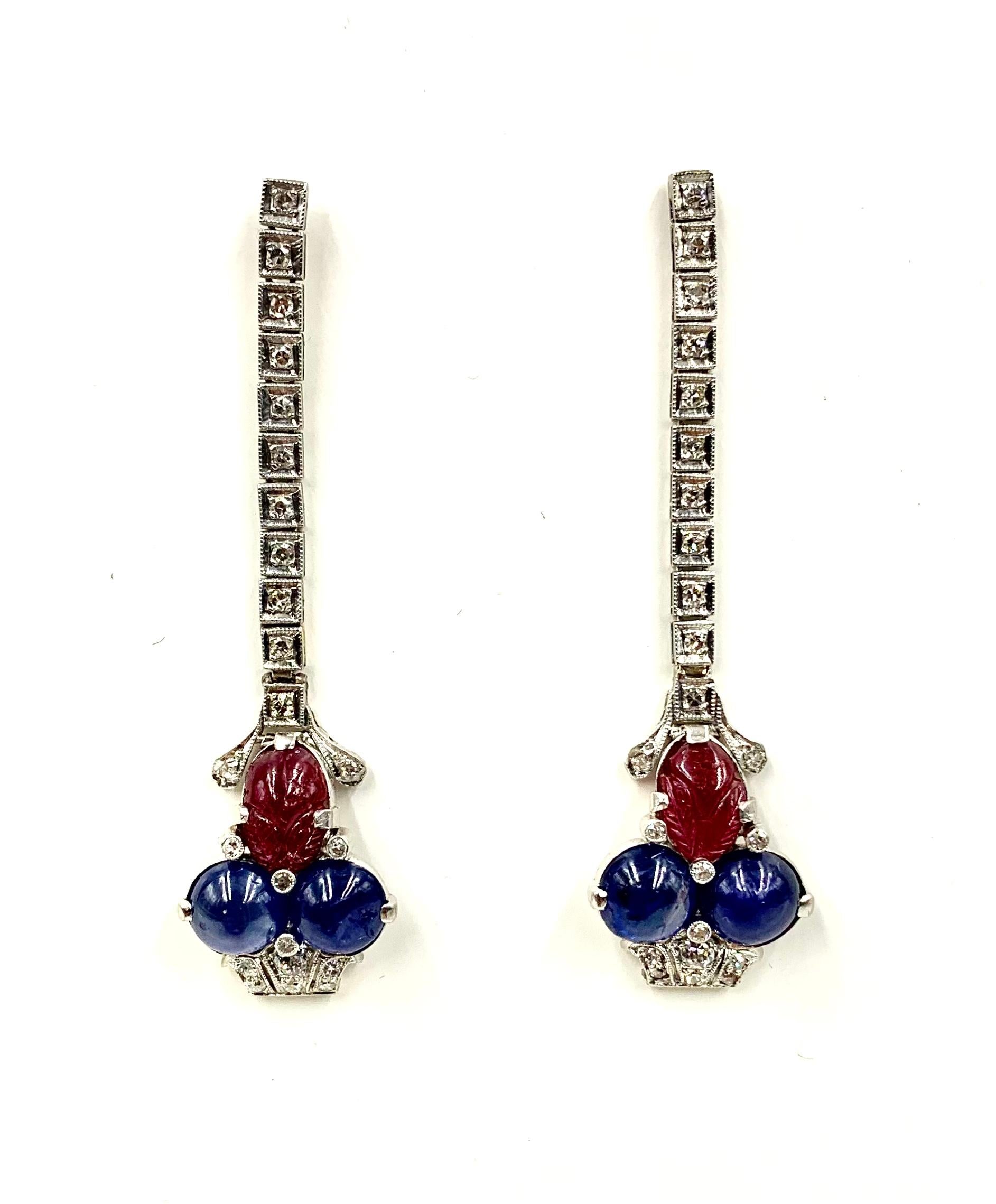 Mixed Cut Art Deco Tutti Frutti Diamond Sapphire Carved Ruby Platinum Earrings, Circa 1920 For Sale