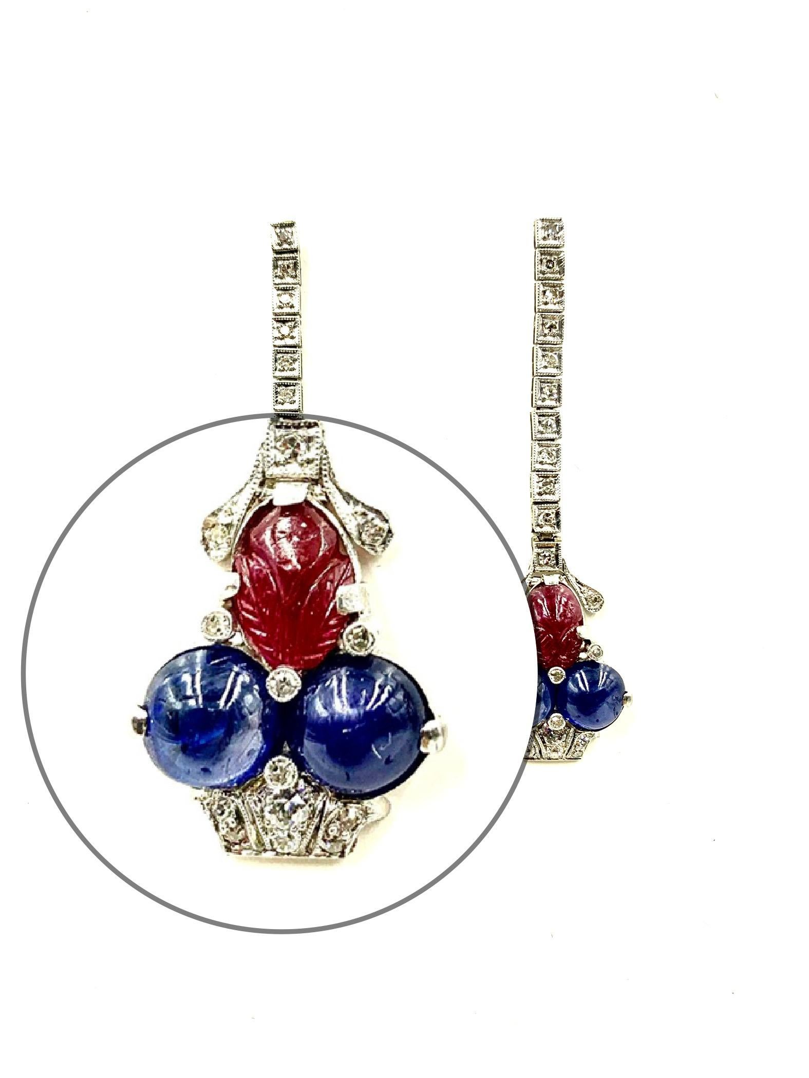 Women's Art Deco Tutti Frutti Diamond Sapphire Carved Ruby Platinum Earrings, Circa 1920 For Sale