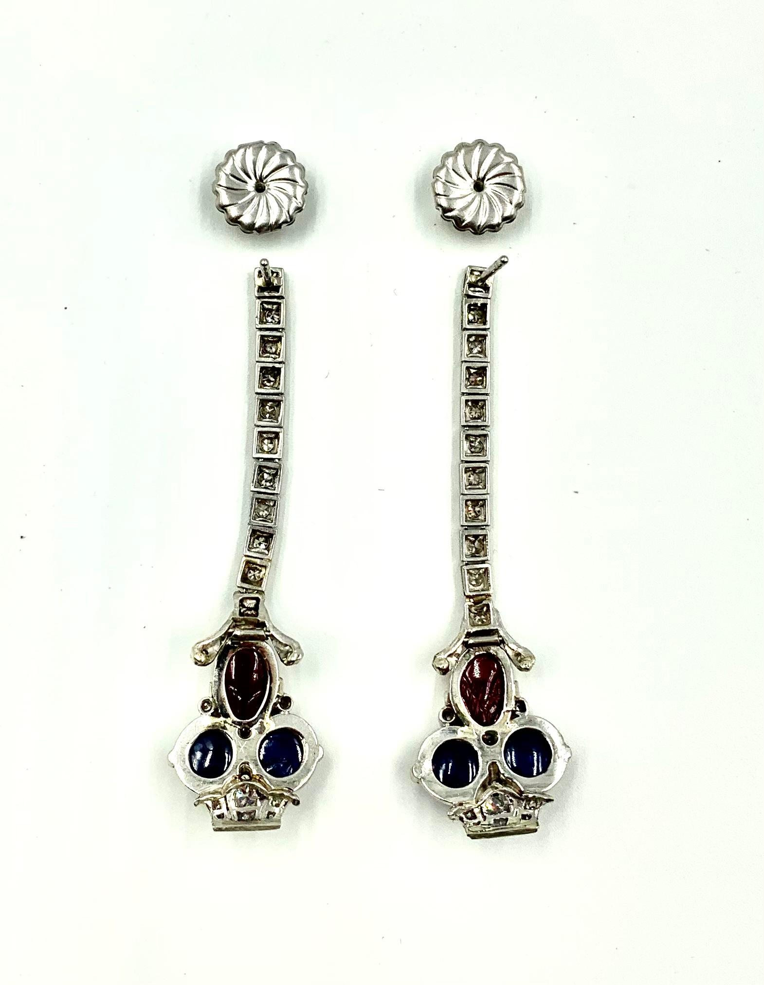 Art Deco Tutti Frutti Diamond Sapphire Carved Ruby Platinum Earrings, Circa 1920 For Sale 1