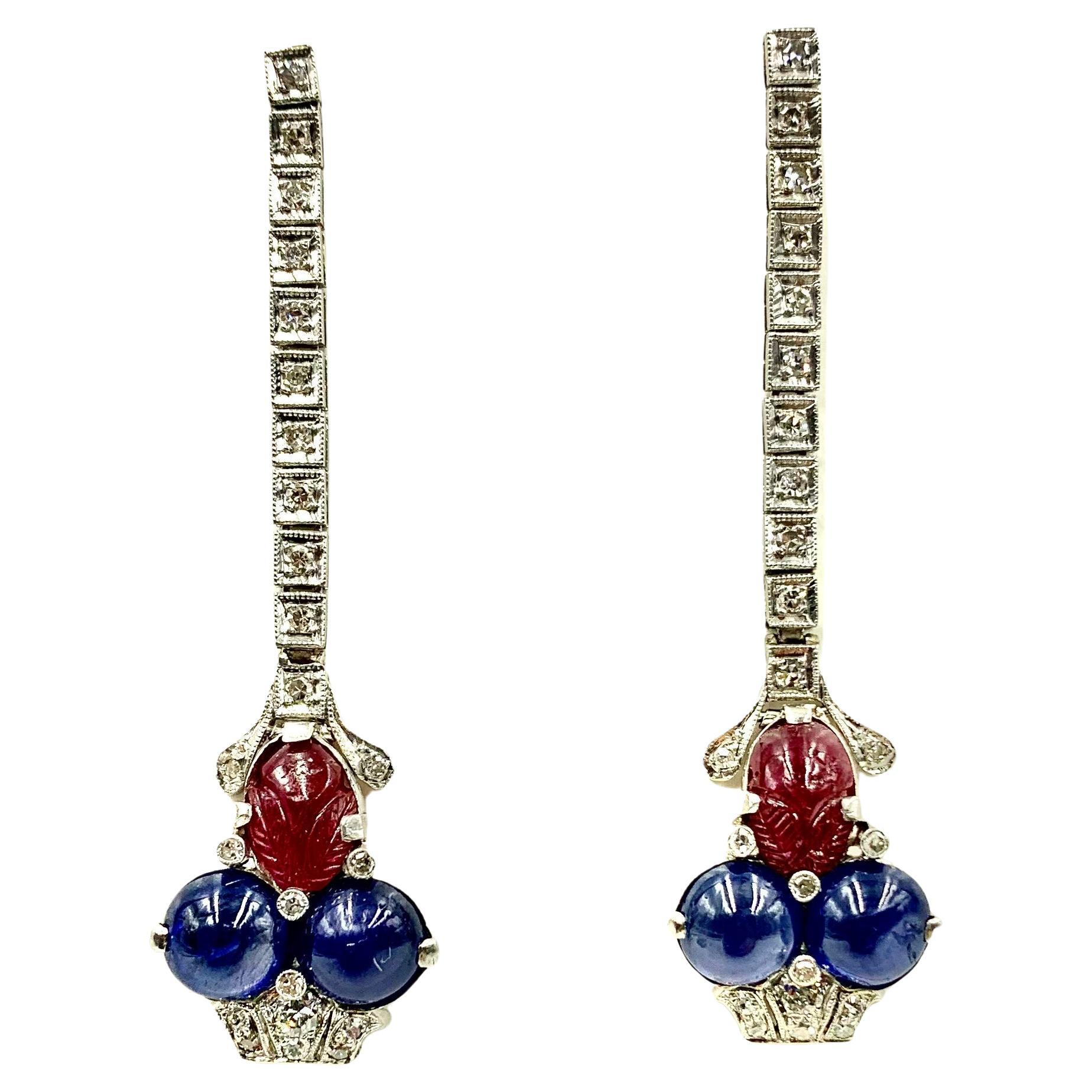 Art Deco Tutti Frutti Diamond Sapphire Carved Ruby Platinum Earrings, Circa 1920