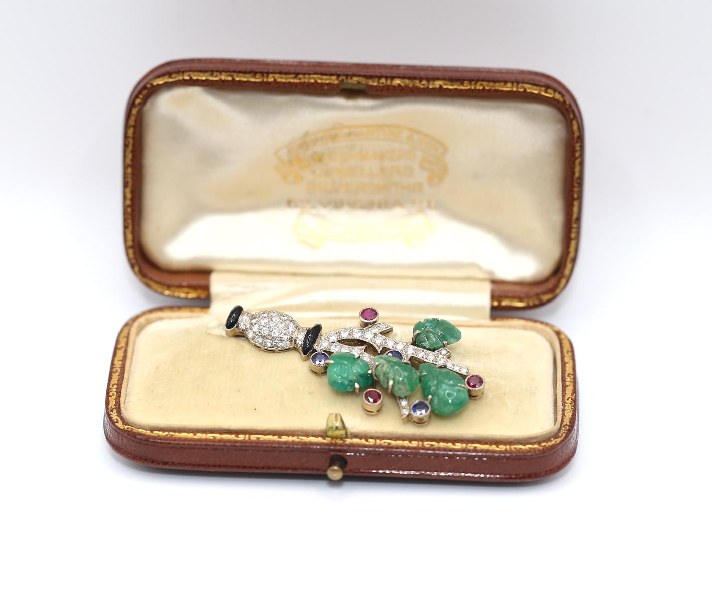 Round Cut Art Deco Tutti Frutti Diamonds Emerald Rubies Sapphires Onyx Flower Brooch Boxed For Sale