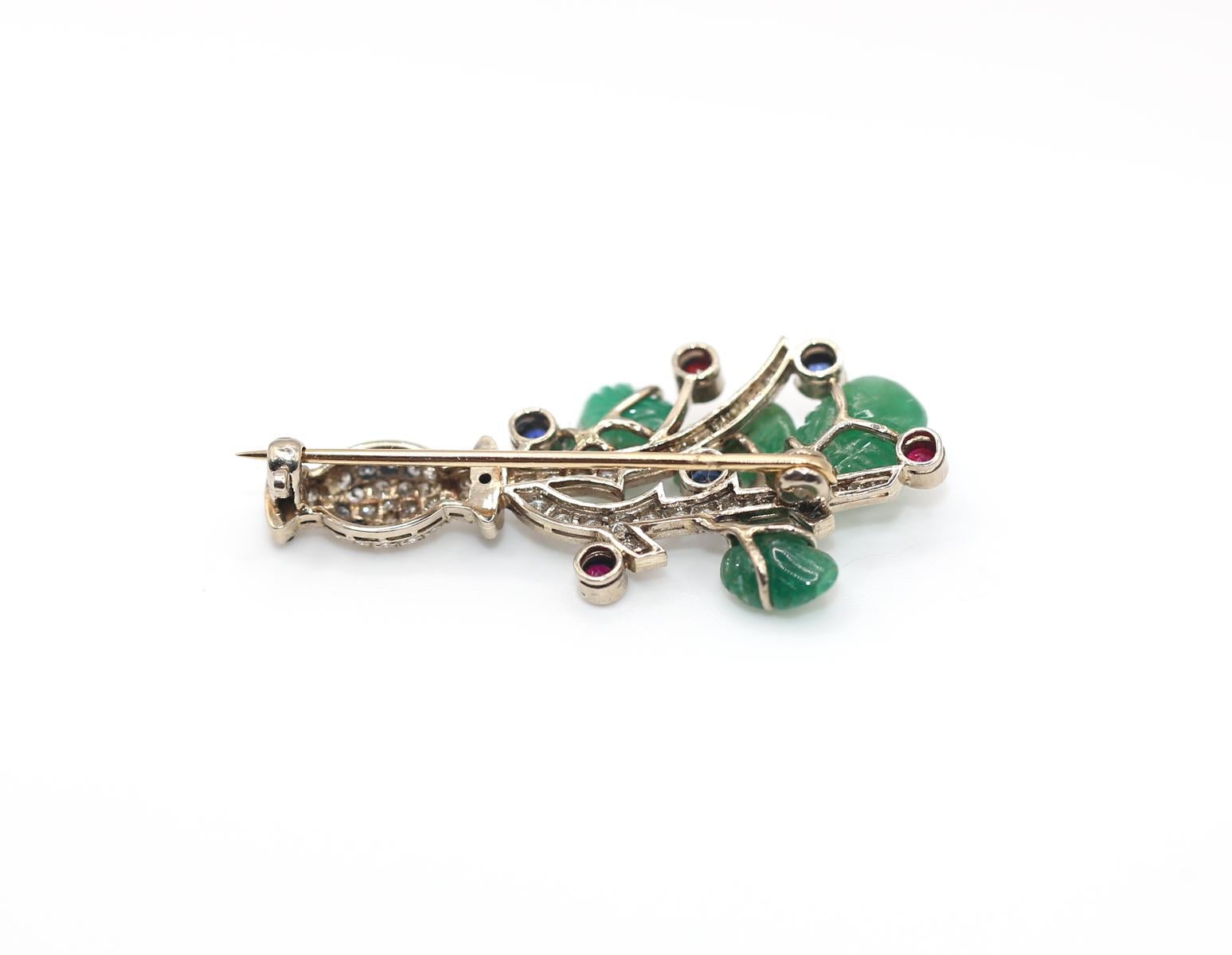 Women's or Men's Art Deco Tutti Frutti Diamonds Emerald Rubies Sapphires Onyx Flower Brooch Boxed For Sale