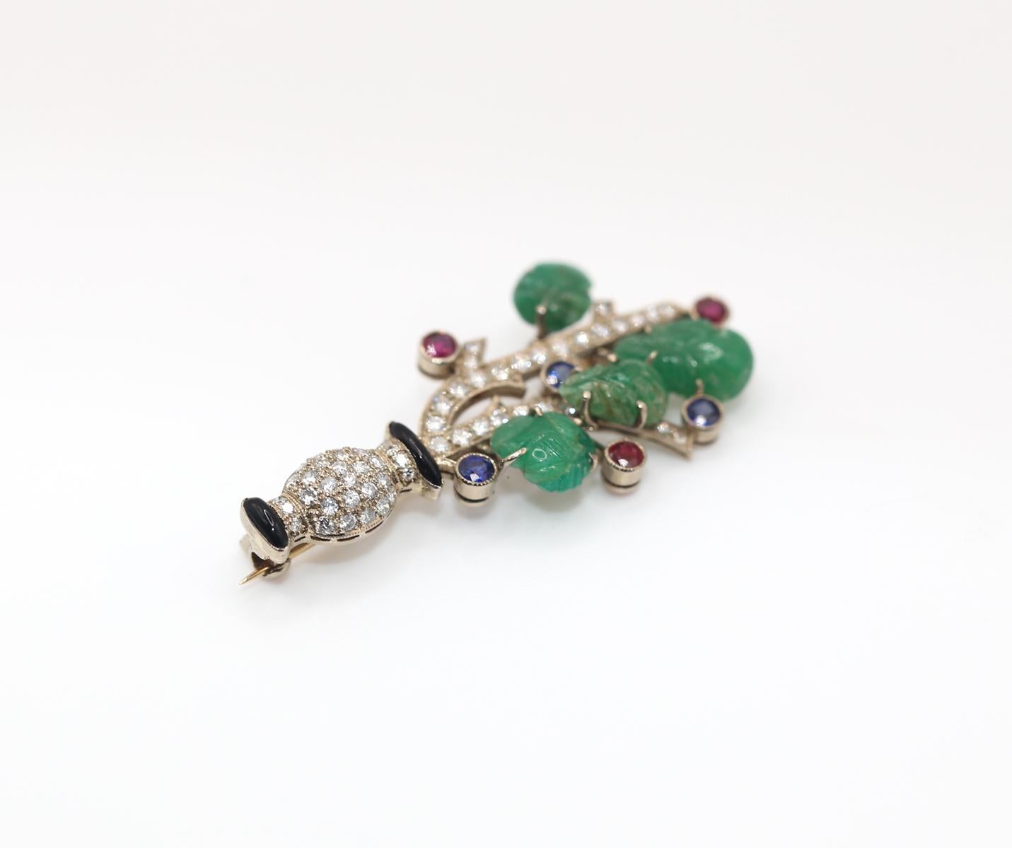 Art Deco Tutti Frutti Diamonds Emerald Rubies Sapphires Onyx Flower Brooch Boxed For Sale 1