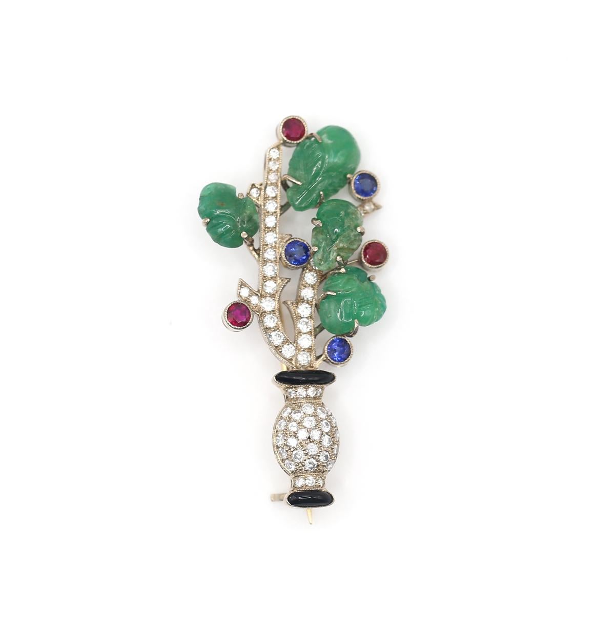 Art Deco Tutti Frutti Diamonds Emerald Rubies Sapphires Onyx Flower Brooch Boxed For Sale 2