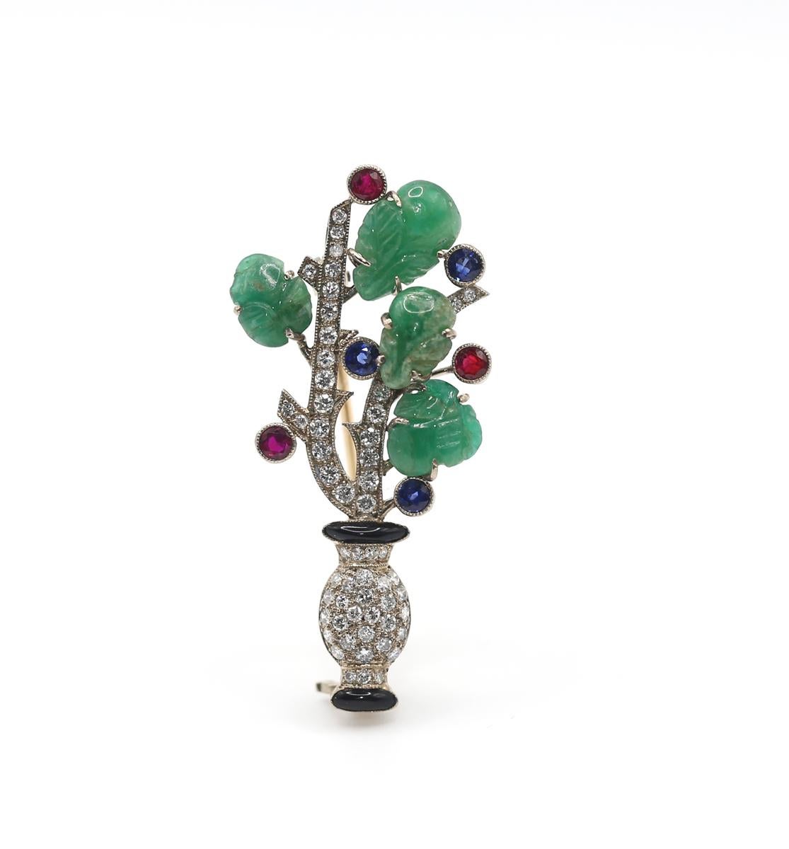 Art Deco Tutti Frutti Diamonds Emerald Rubies Sapphires Onyx Flower Brooch Boxed For Sale 3