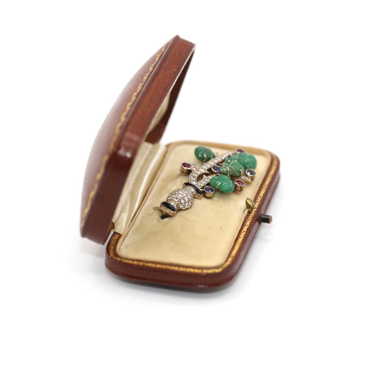 Art Deco Tutti Frutti Diamonds Emerald Rubies Sapphires Onyx Flower Brooch Boxed For Sale 4