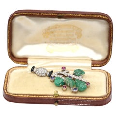 Antique Art Deco Tutti Frutti Diamonds Emerald Rubies Sapphires Onyx Flower Brooch Boxed