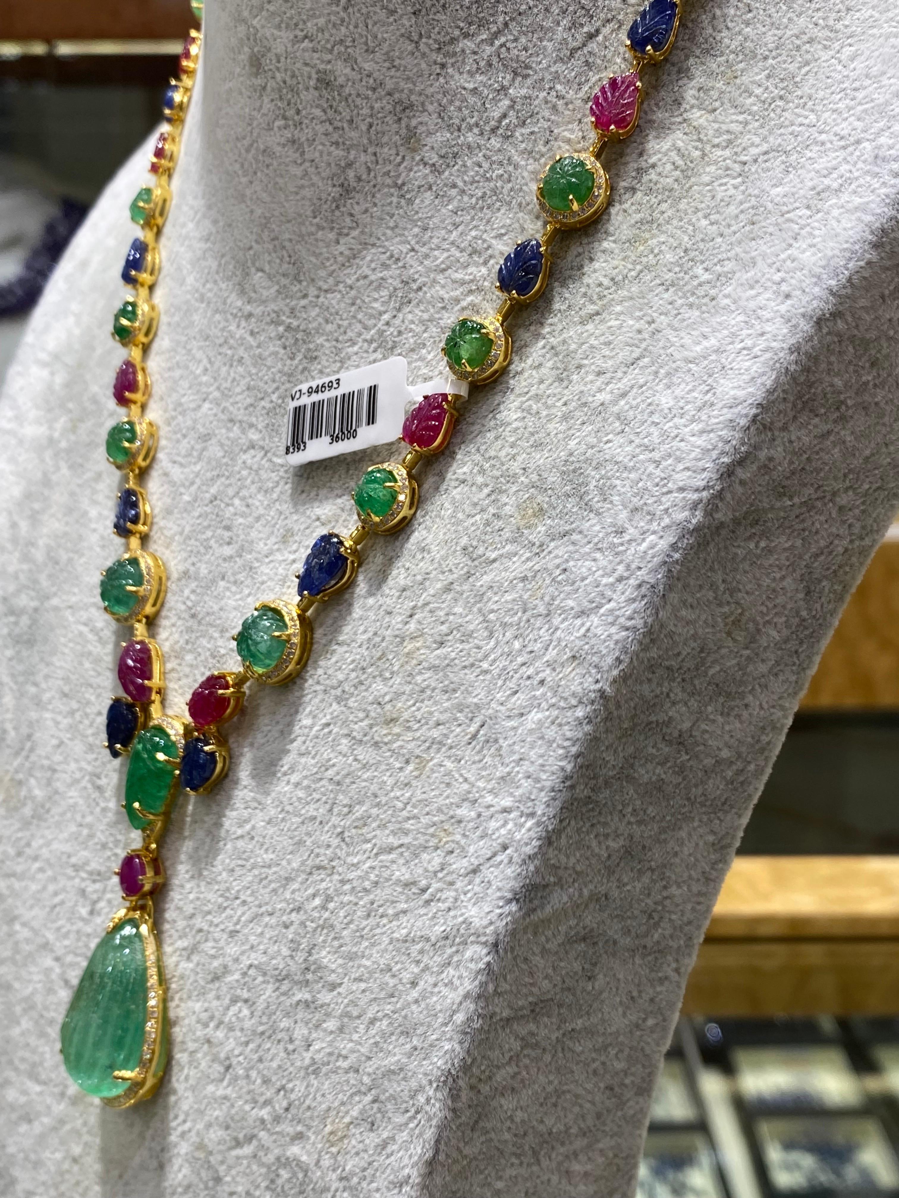 Uncut Art-Deco Style Tutti Frutti Emerald, Sapphire and Ruby and Diamond Necklace For Sale