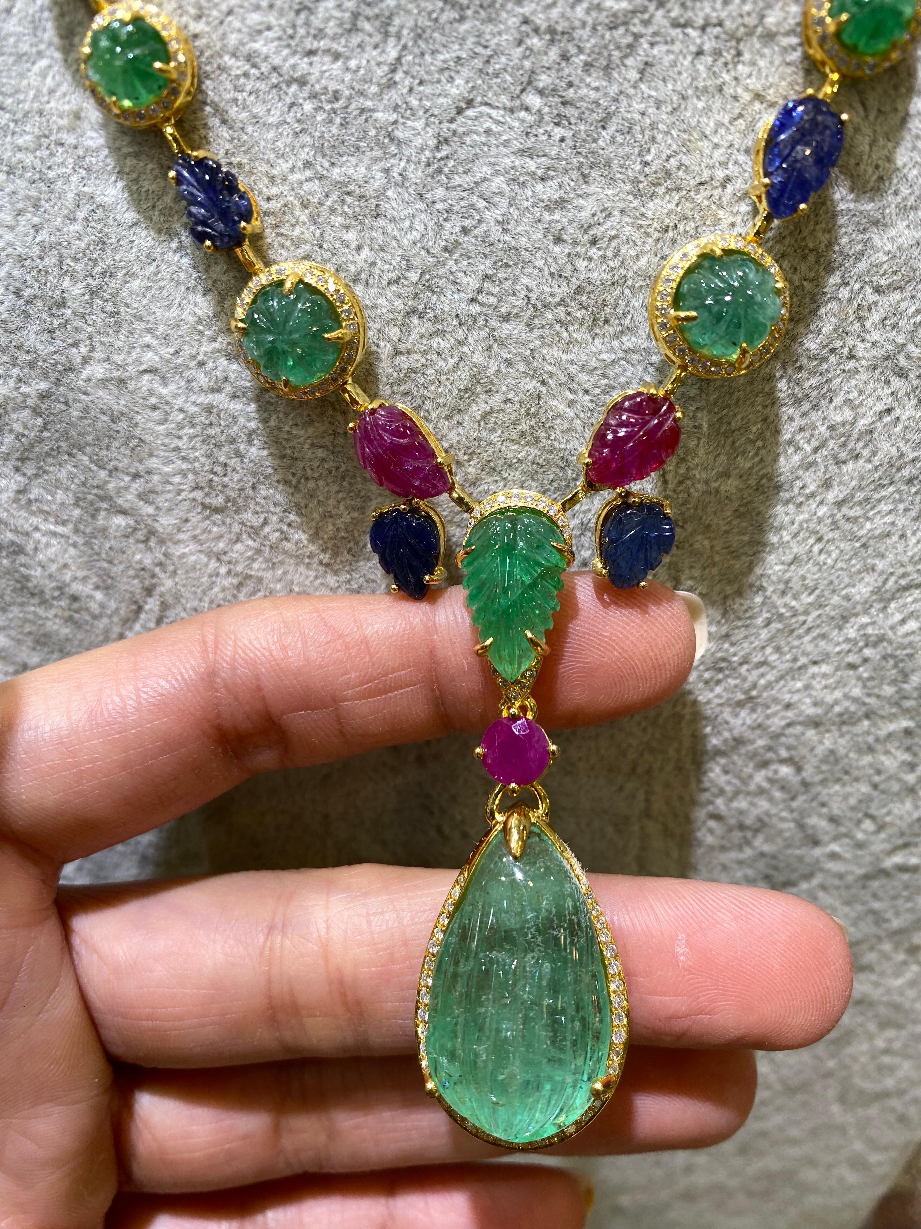 Art-Deco Style Tutti Frutti Emerald, Sapphire and Ruby and Diamond Necklace For Sale 1