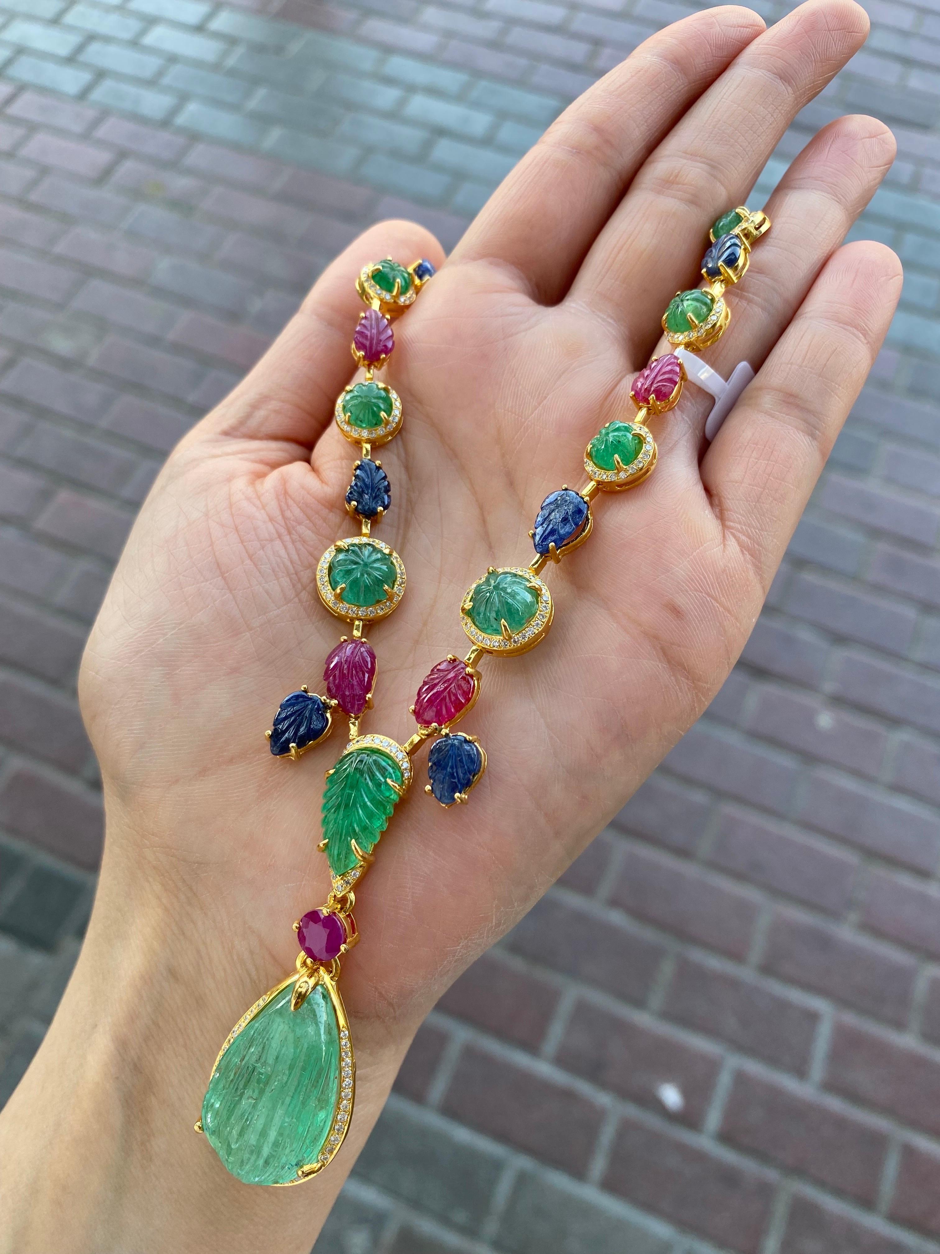 Art-Deco Style Tutti Frutti Emerald, Sapphire and Ruby and Diamond Necklace For Sale 2