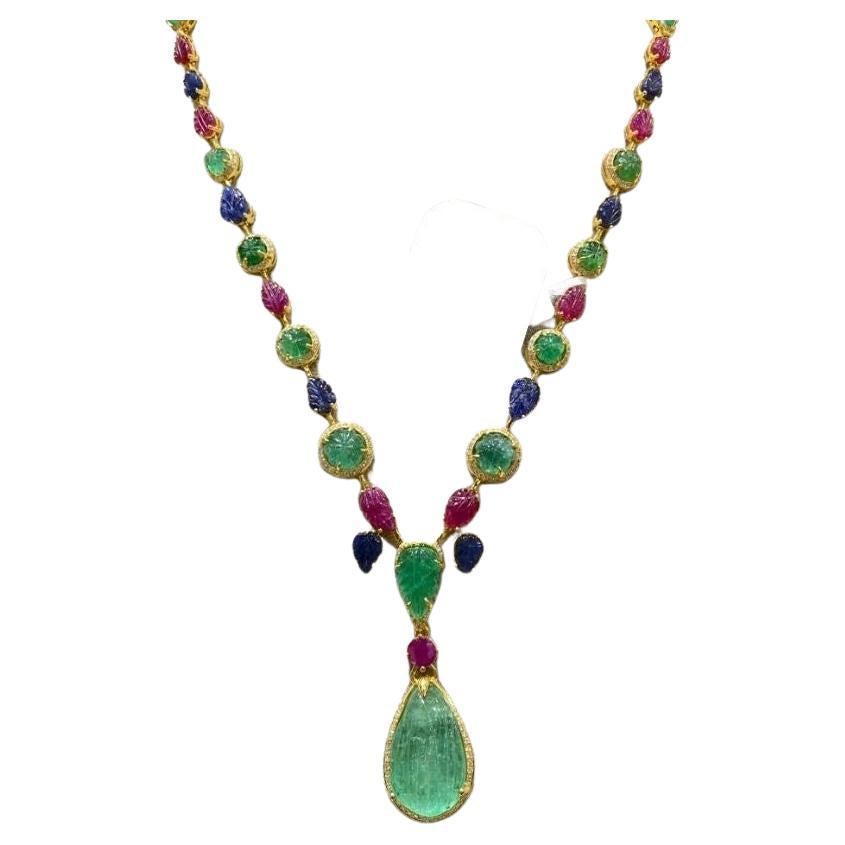 Art-Deco Style Tutti Frutti Emerald, Sapphire and Ruby and Diamond Necklace For Sale