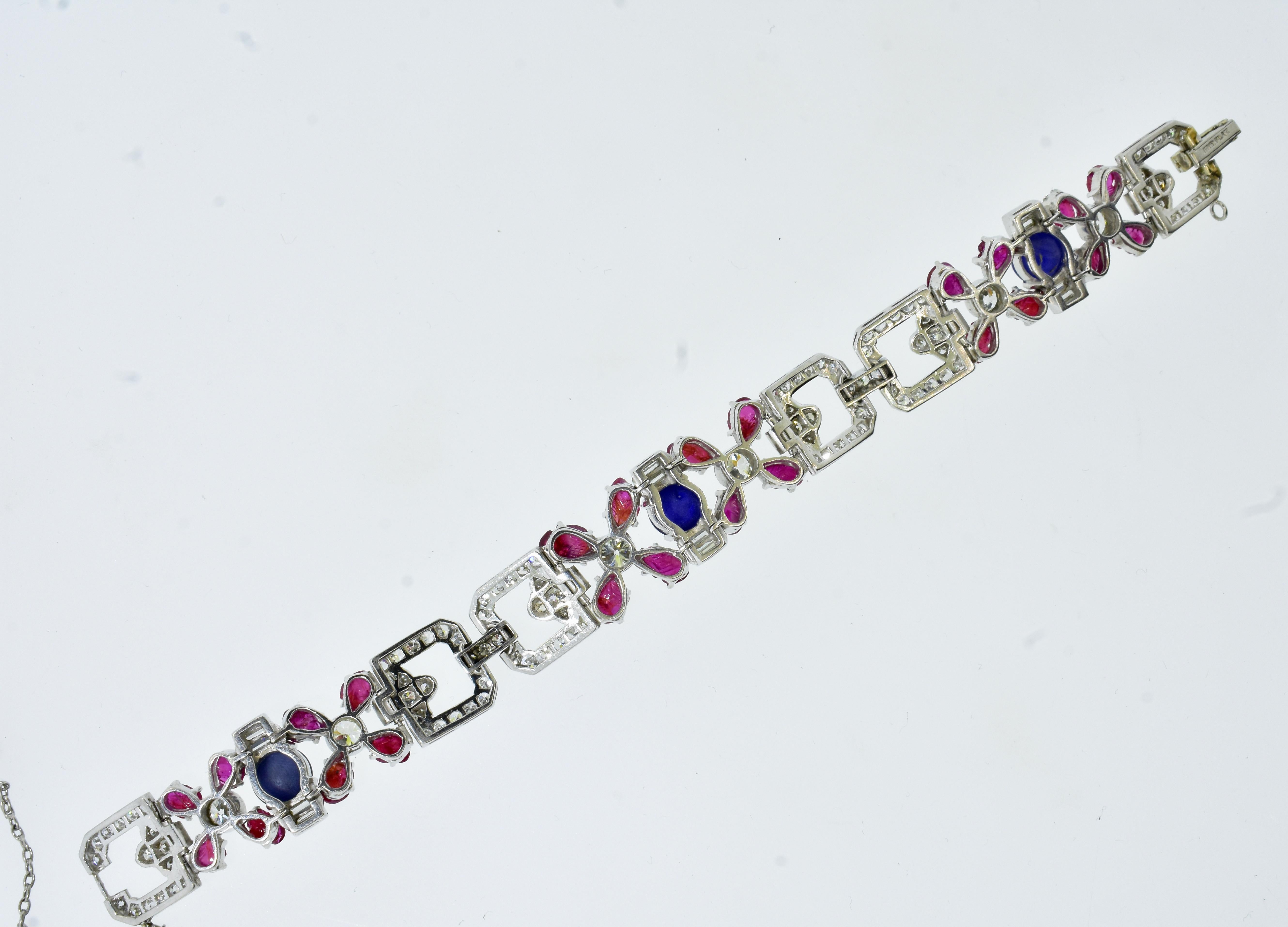 Art Deco Tutti Frutti Platinum, Diamond, Ruby & Sapphire Bracelet c. 1922 For Sale 3
