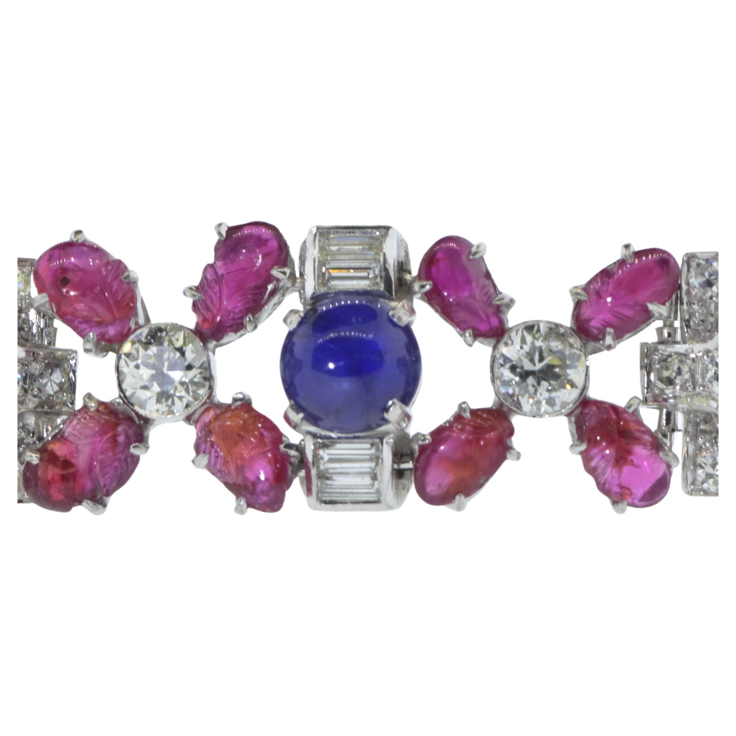 Mixed Cut Art Deco Tutti Frutti Platinum, Diamond, Ruby & Sapphire Bracelet c. 1922 For Sale