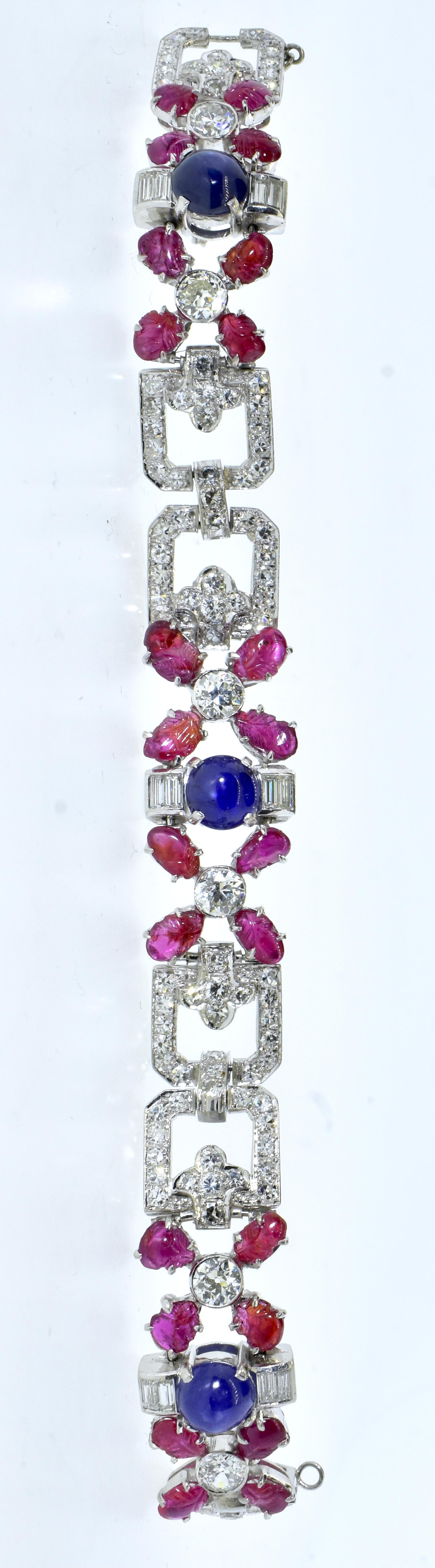 Women's or Men's Art Deco Tutti Frutti Platinum, Diamond, Ruby & Sapphire Bracelet c. 1922 For Sale