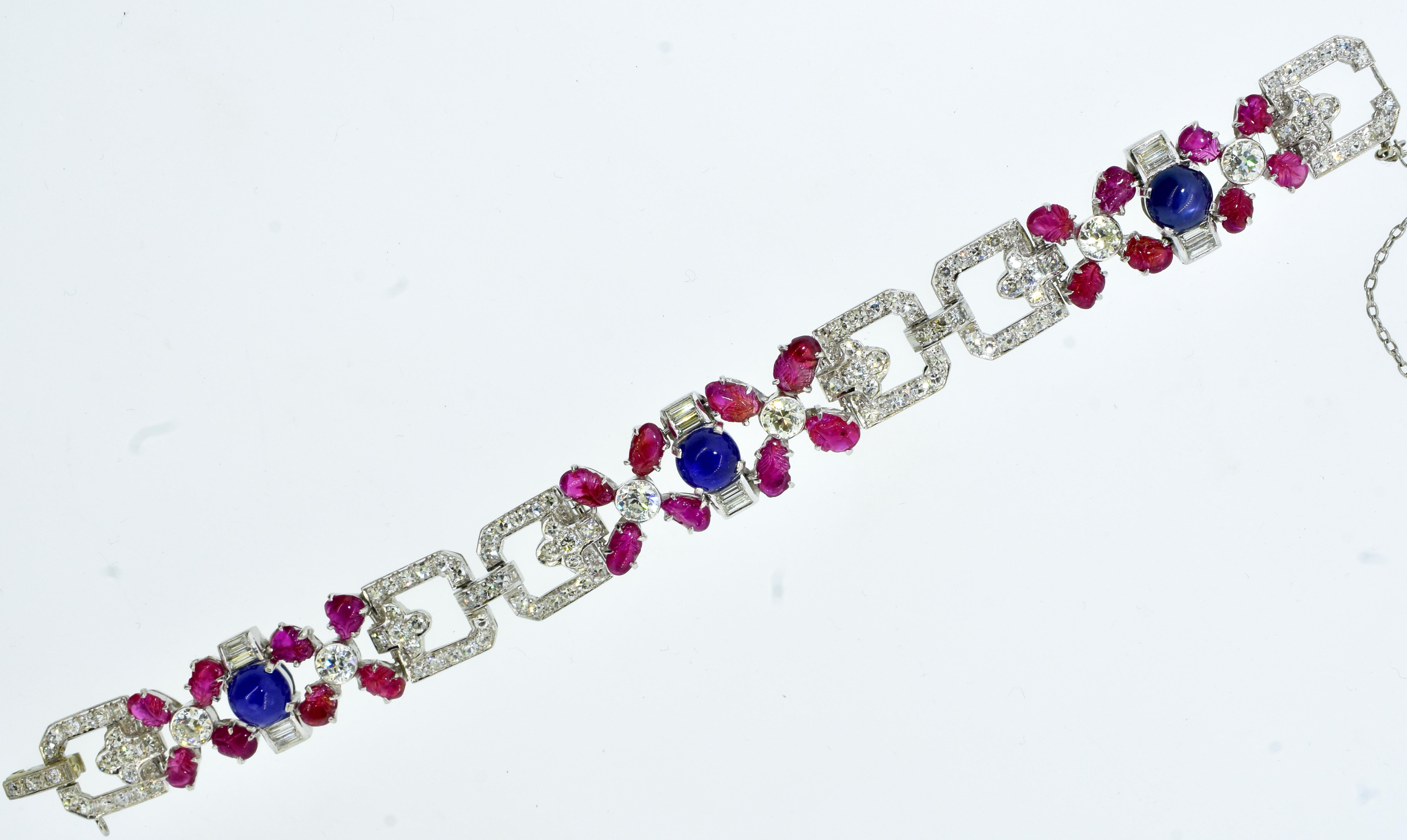 Art Deco Tutti Frutti Platinum, Diamond, Ruby & Sapphire Bracelet c. 1922 For Sale 2
