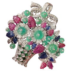 Art-Deco Tutti Frutti Ruby, Sapphire and Emerald Brooch in 18K White Gold
