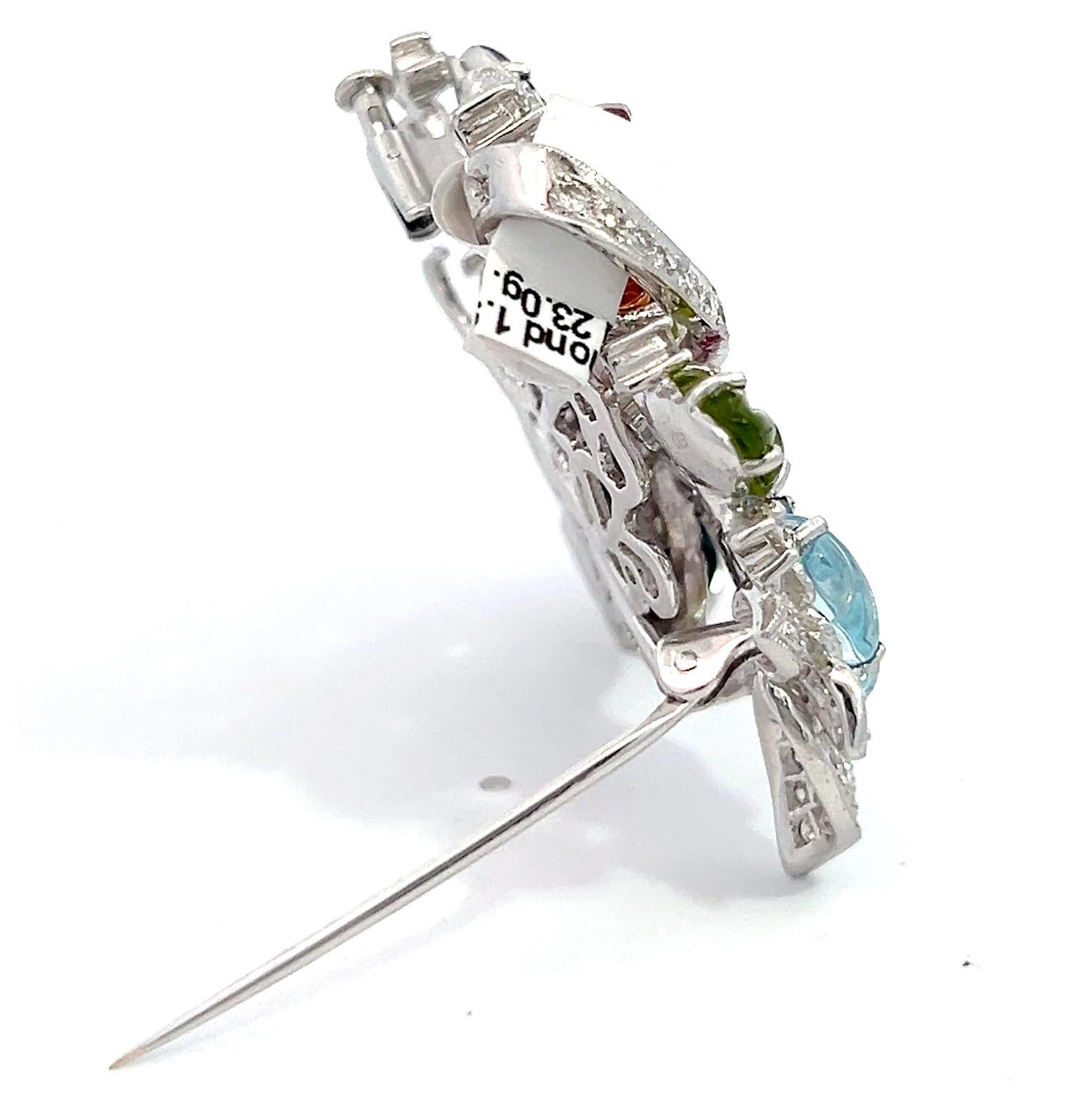 Art Deco Tutti Frutti Brosche mit Halbedelsteinen und Diamanten (Einfacher Schliff) im Angebot