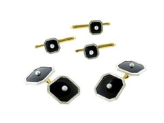 Art Deco Tuxedo Cufflink/ Stud Set, Vintage, Gold, Plat. Onyx & Pearls, c. 1930.