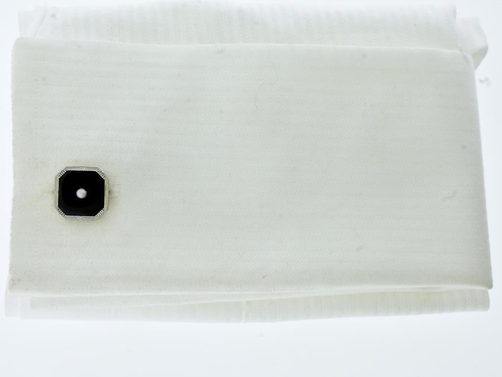 Antique Cushion Cut Art Deco Tuxedo Cufflink/ Stud Set, Vintage, Gold, Plat. Onyx & Pearls, c. 1930.