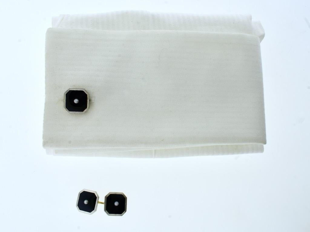 Art Deco Tuxedo Cufflink/ Stud Set, Vintage, Gold, Plat. Onyx & Pearls, c. 1930. In Excellent Condition In Aspen, CO