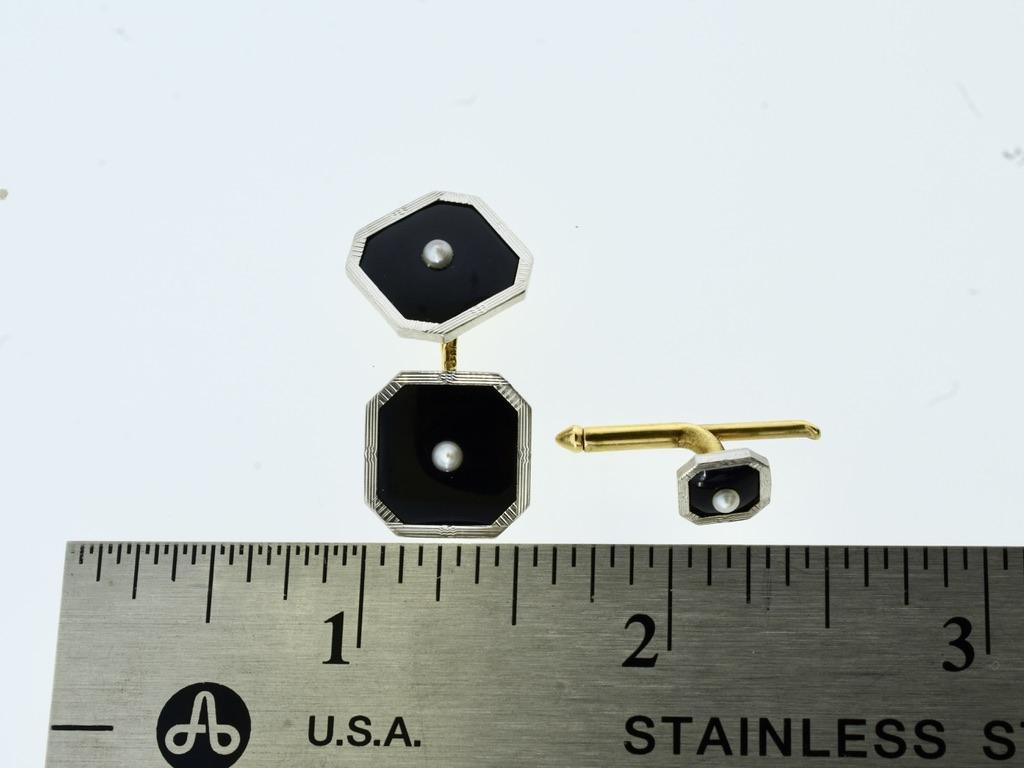 Art Deco Tuxedo Cufflink/ Stud Set, Vintage, Gold, Plat. Onyx & Pearls, c. 1930. 1