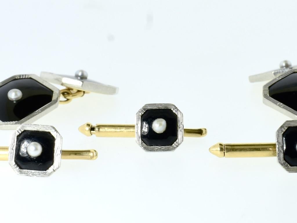 Art Deco Tuxedo Cufflink/ Stud Set, Vintage, Gold, Plat. Onyx & Pearls, c. 1930. 2