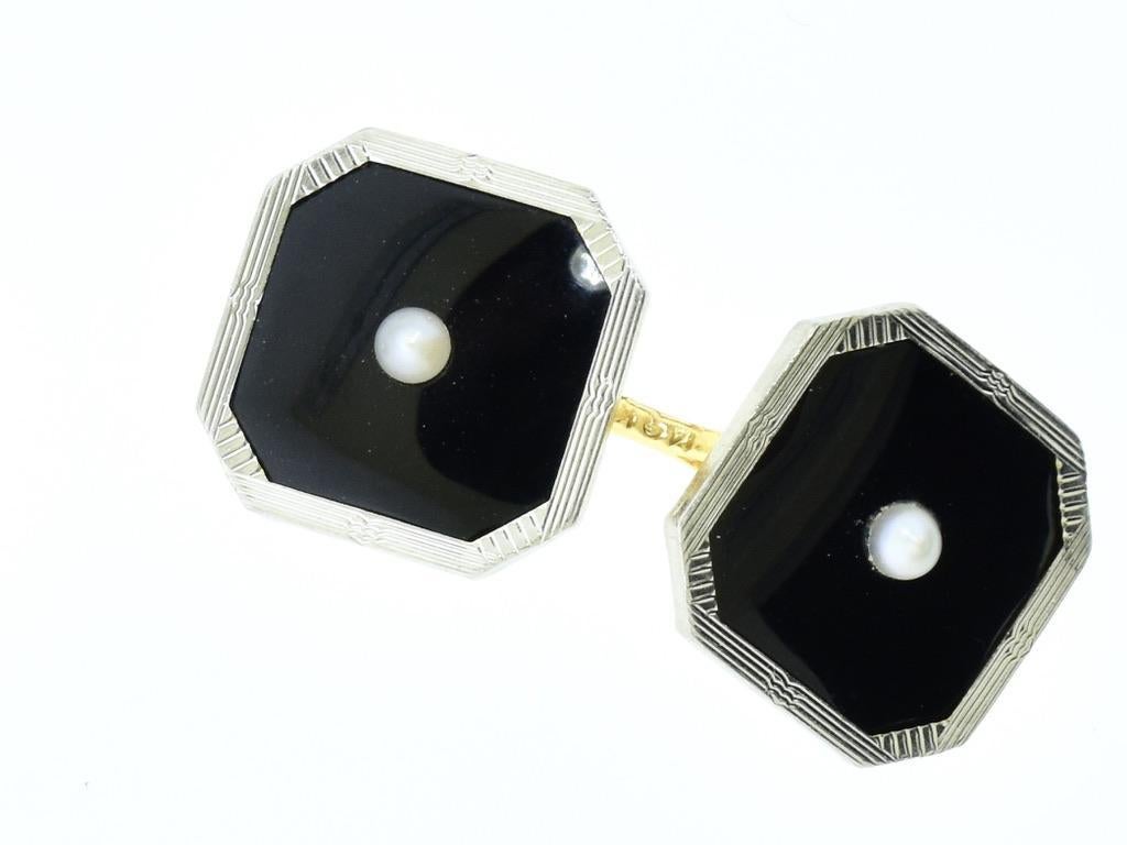 Art Deco Tuxedo Cufflink/ Stud Set, Vintage, Gold, Plat. Onyx & Pearls, c. 1930. 3