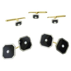 Art Deco Tuxedo Cufflink/ Stud Set, Vintage, Gold, Plat. Onyx & Pearls, c. 1930.