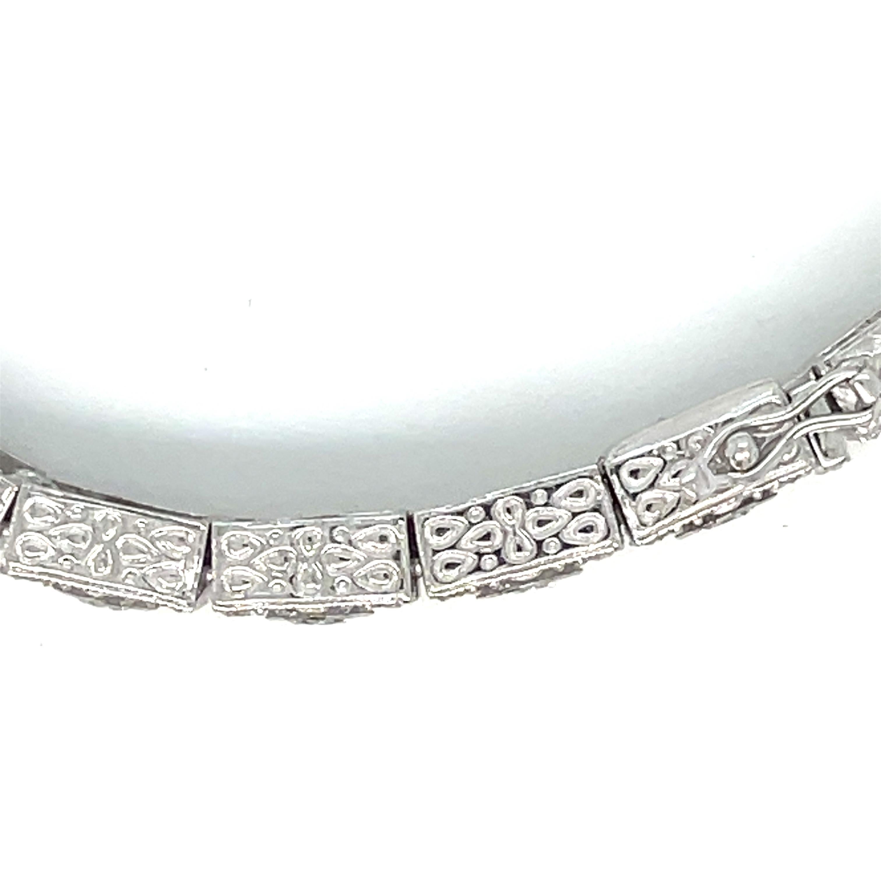 Women's or Men's Art Deco TWC 4.30 Diamonds Engraved Platinum Tennis Bracelet For Sale
