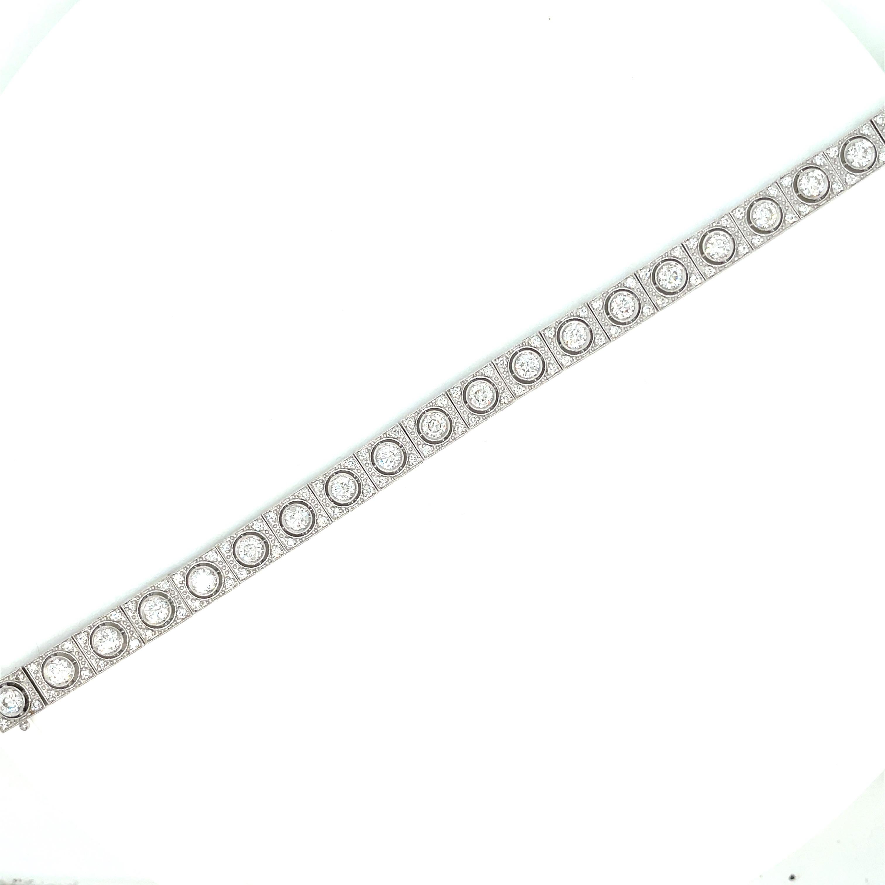 Art Deco TWC 4.30 Diamonds Engraved Platinum Tennis Bracelet For Sale 3