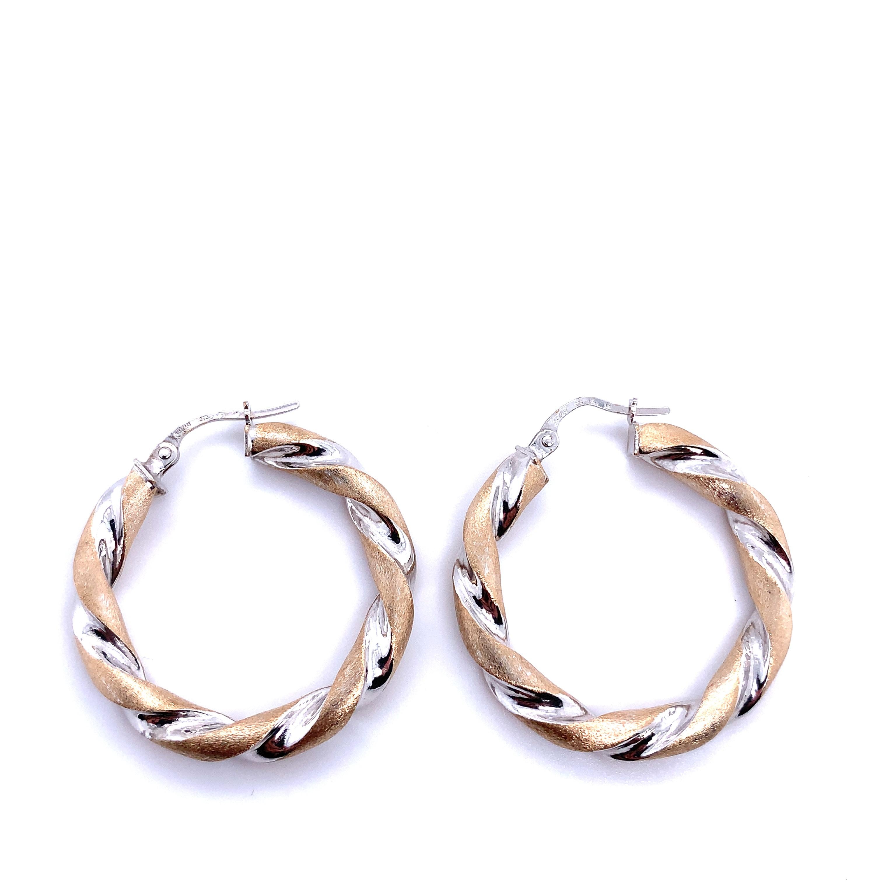 Art Deco Art deco twist hoop earrings white and yellow gold matte finish For Sale