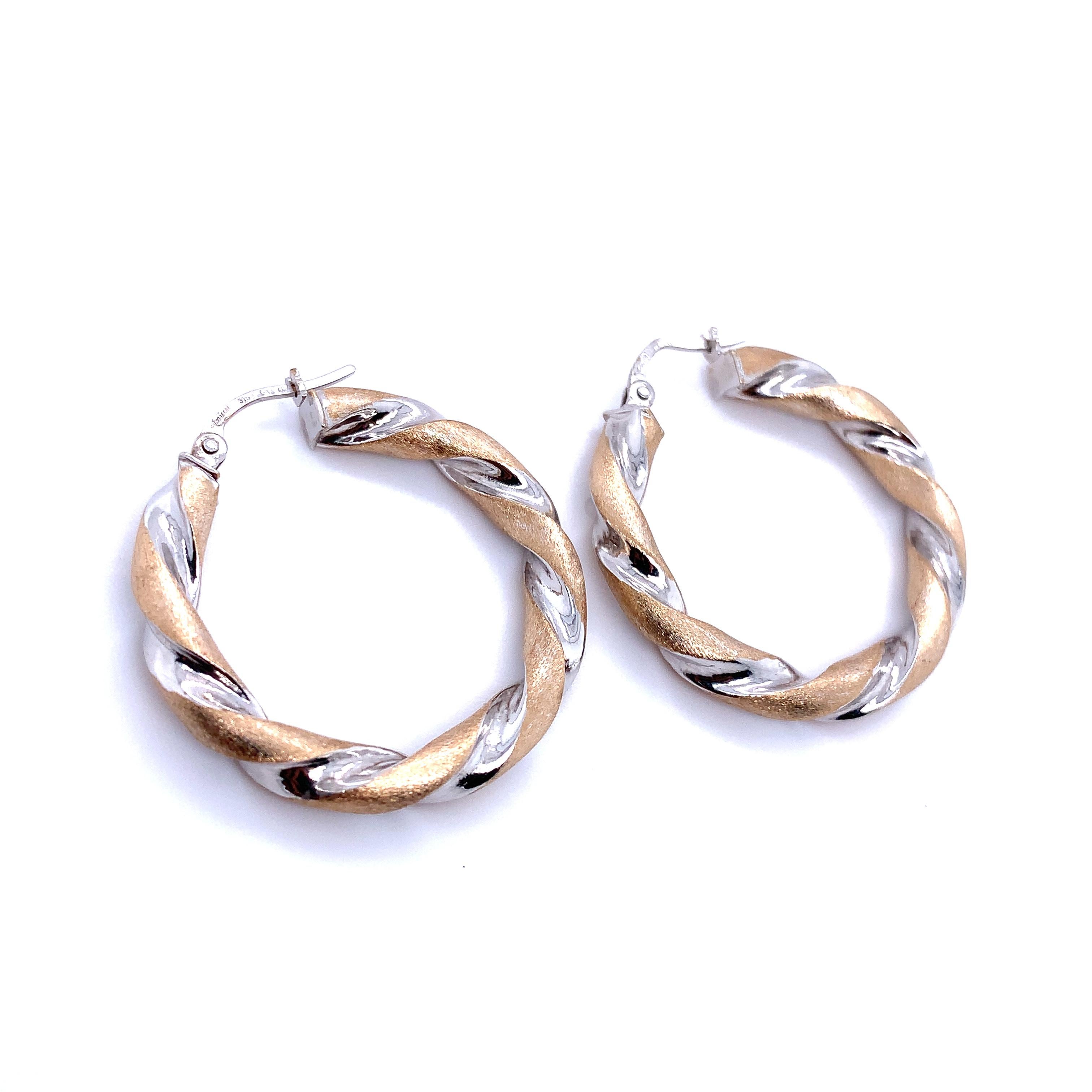 Women's Art deco twist hoop earrings white and yellow gold matte finish For Sale