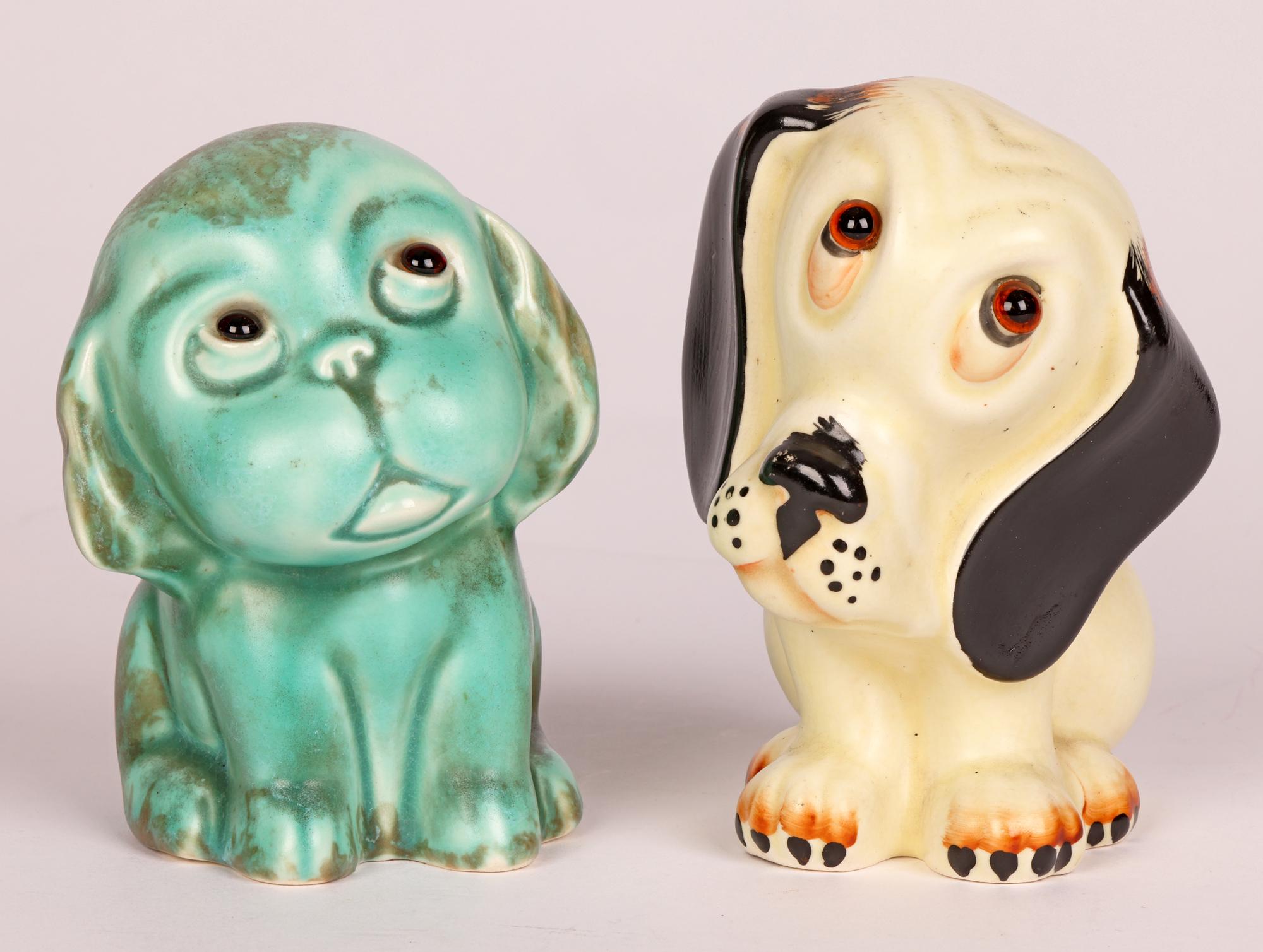 Glazed Art Deco Two English Pottery Glass Eyed Dog Figures For Sale