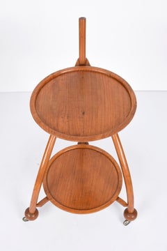 Art Deco Two-levels Solid Teak wood Tripod Italian Trolley Bar Cart, 1940s