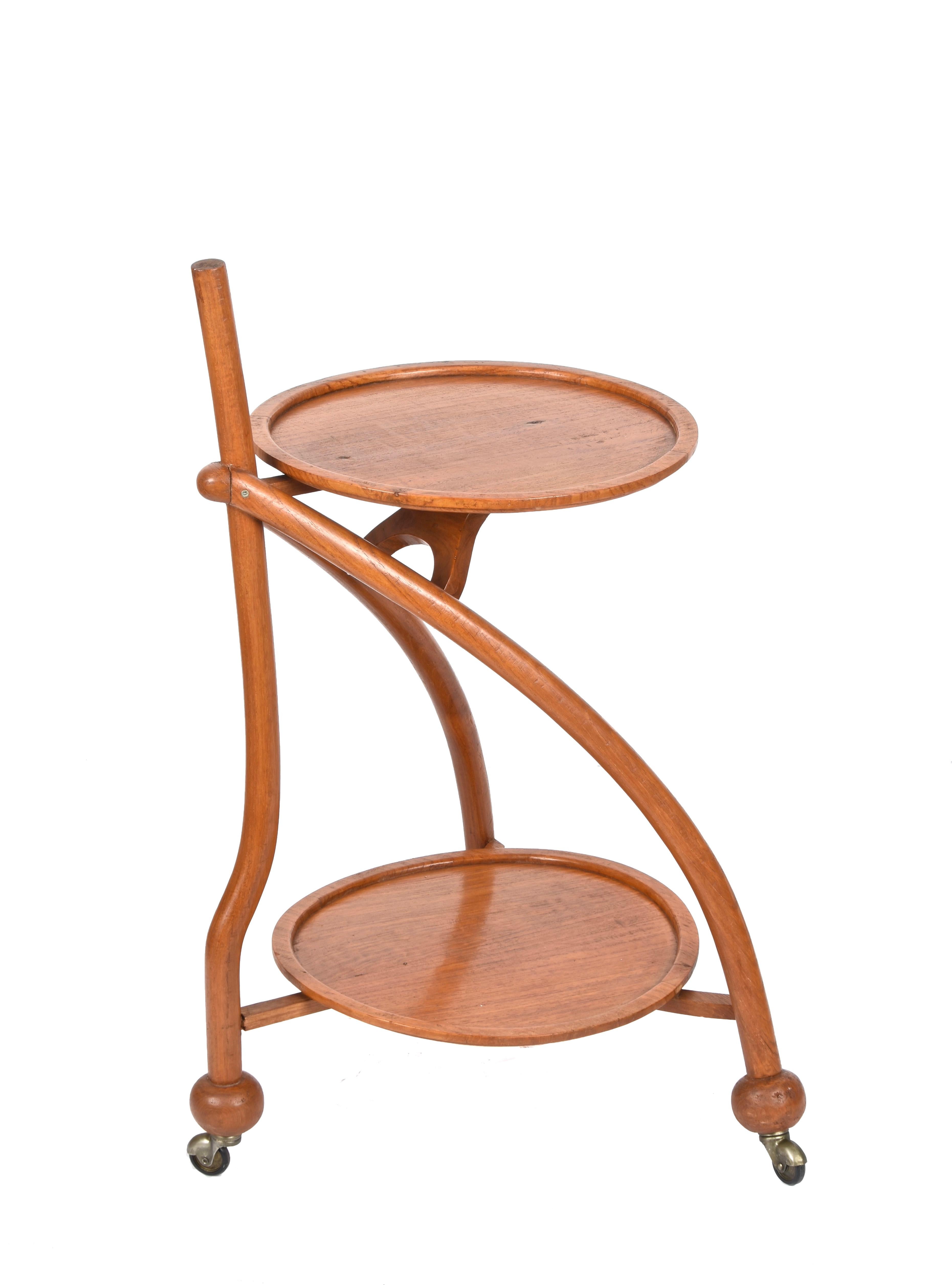 Art Deco Two-levels Solid Teak wood Tripod Italian Trolley Bar Cart, 1940s In Good Condition For Sale In Roma, IT