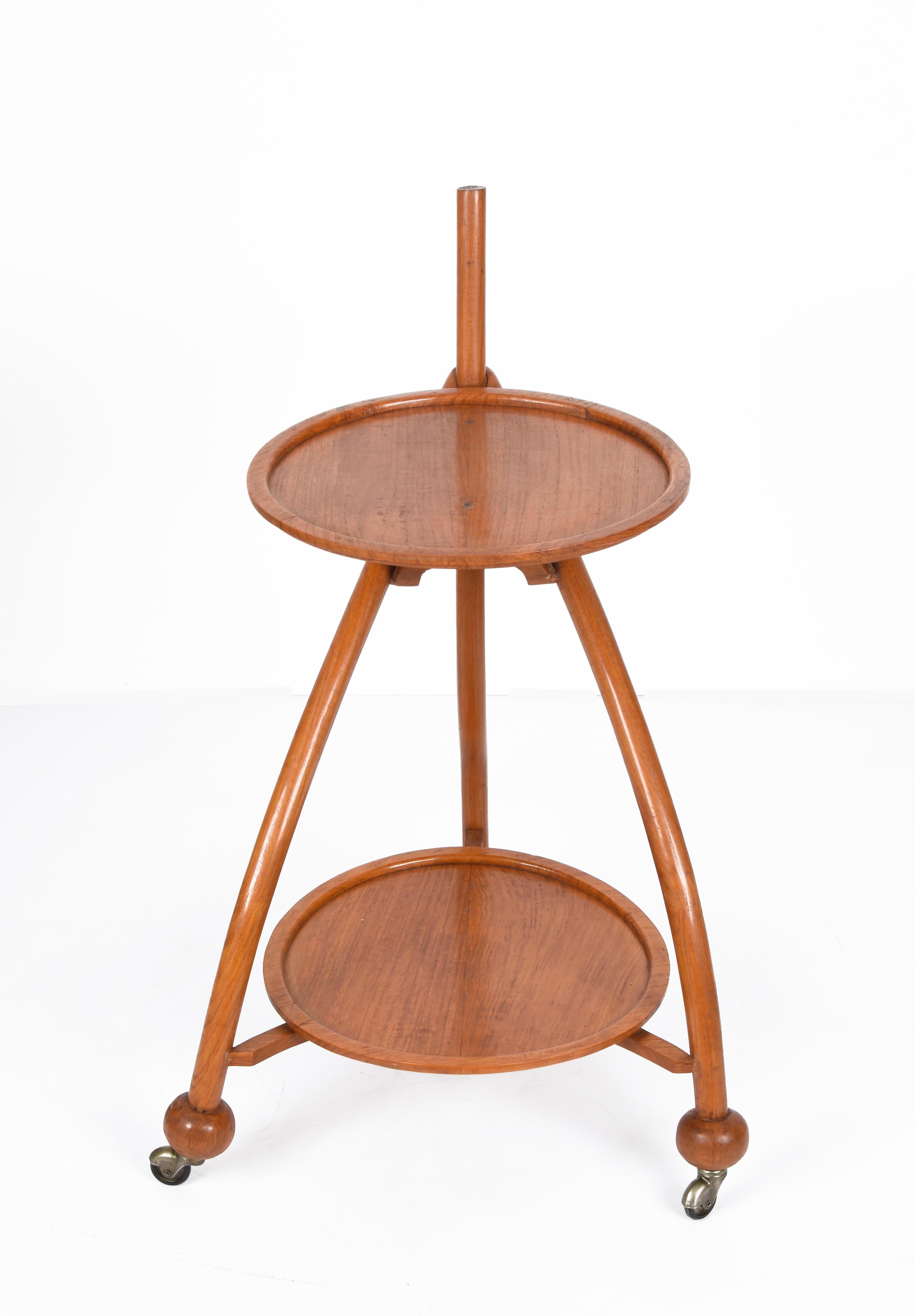 Art Deco Two-levels Solid Teak wood Tripod Italian Trolley Bar Cart, 1940s For Sale 1