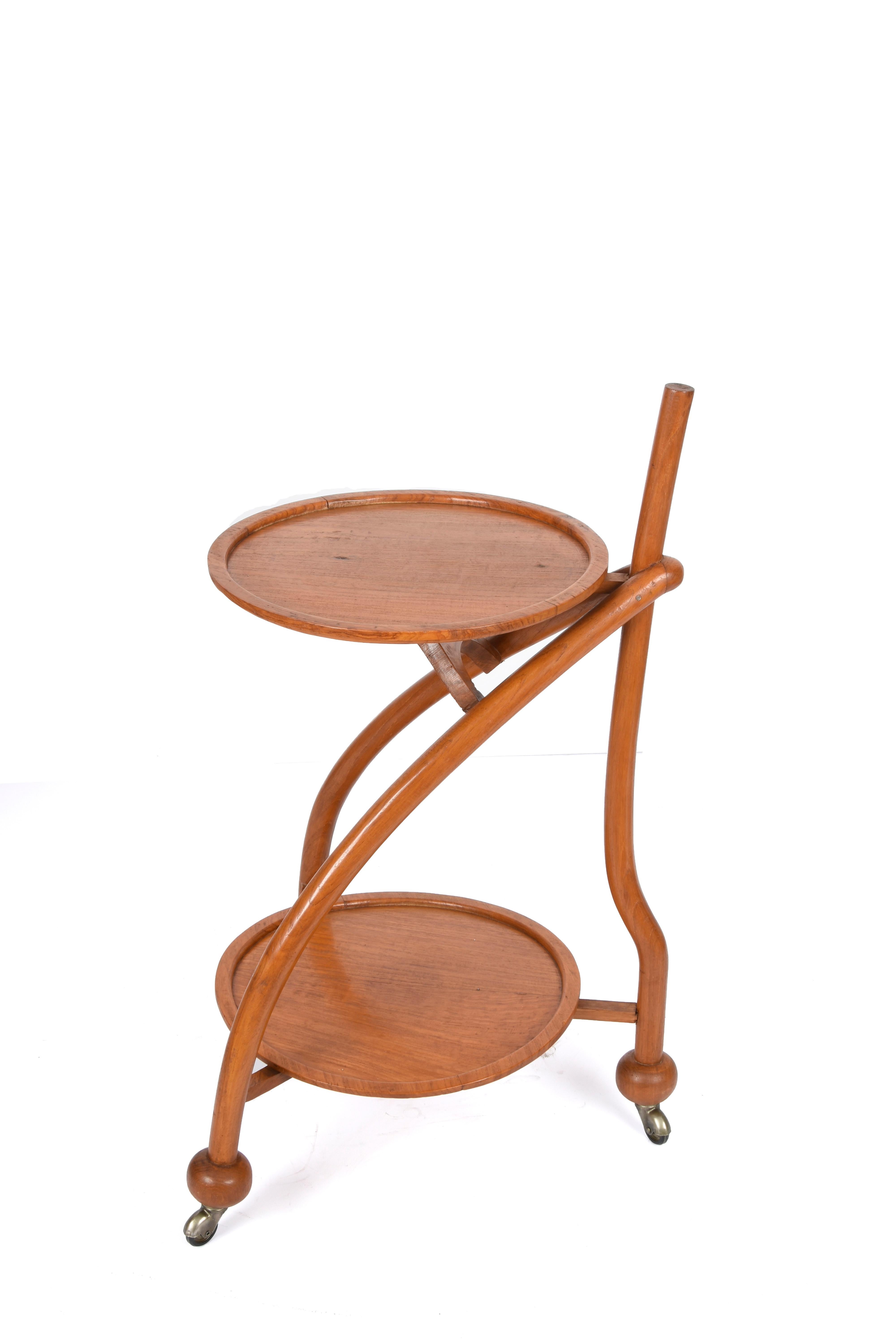 Art Deco Two-levels Solid Teak wood Tripod Italian Trolley Bar Cart, 1940s For Sale 2