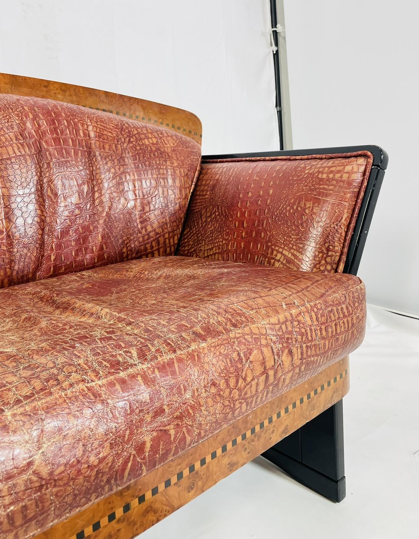 Art Deco Two Seater Sofa in Burlwood and Leather, France 1940s For Sale 6