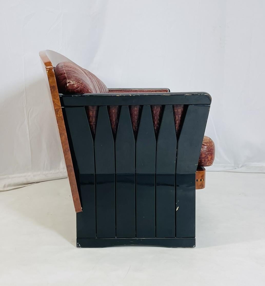Hand-Crafted Art Deco Two Seater Sofa in Burlwood and Leather, France 1940s For Sale
