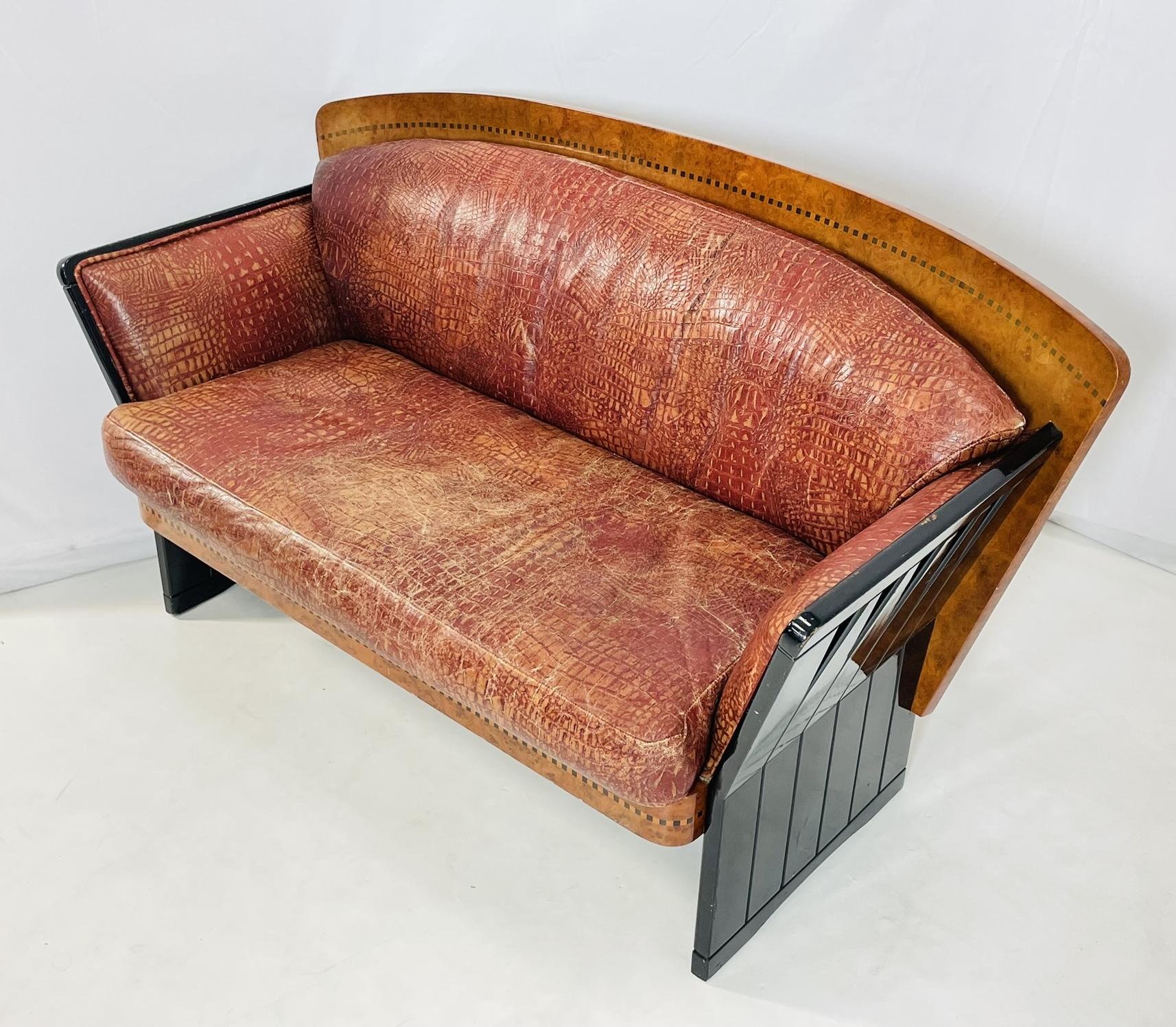 Art Deco Two Seater Sofa in Burlwood and Leather, France 1940s In Good Condition For Sale In Los Angeles, CA