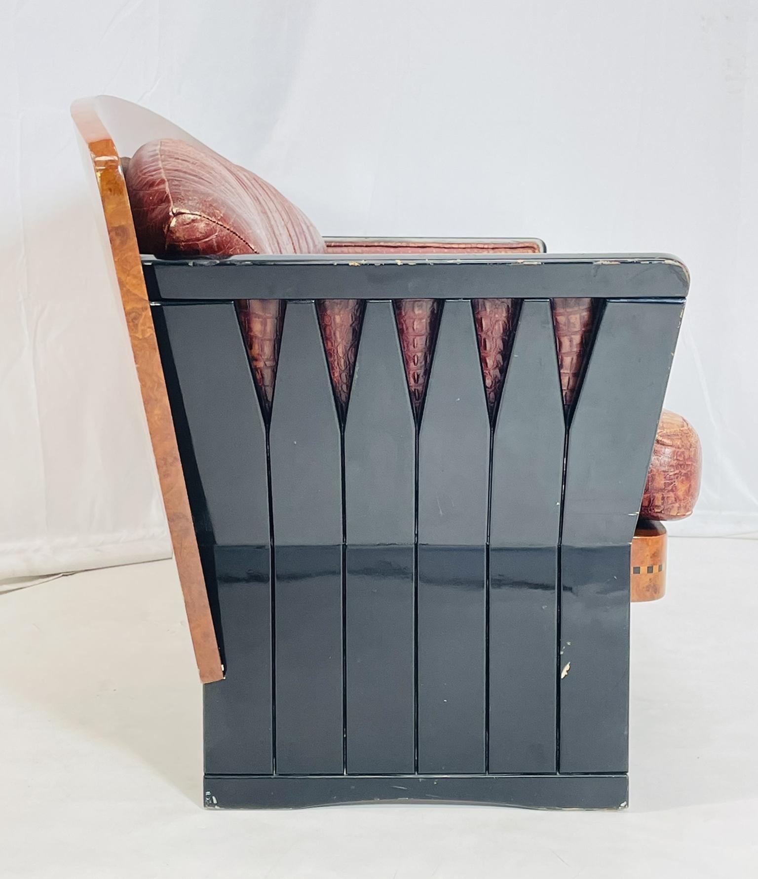 Mid-20th Century Art Deco Two Seater Sofa in Burlwood and Leather, France 1940s For Sale