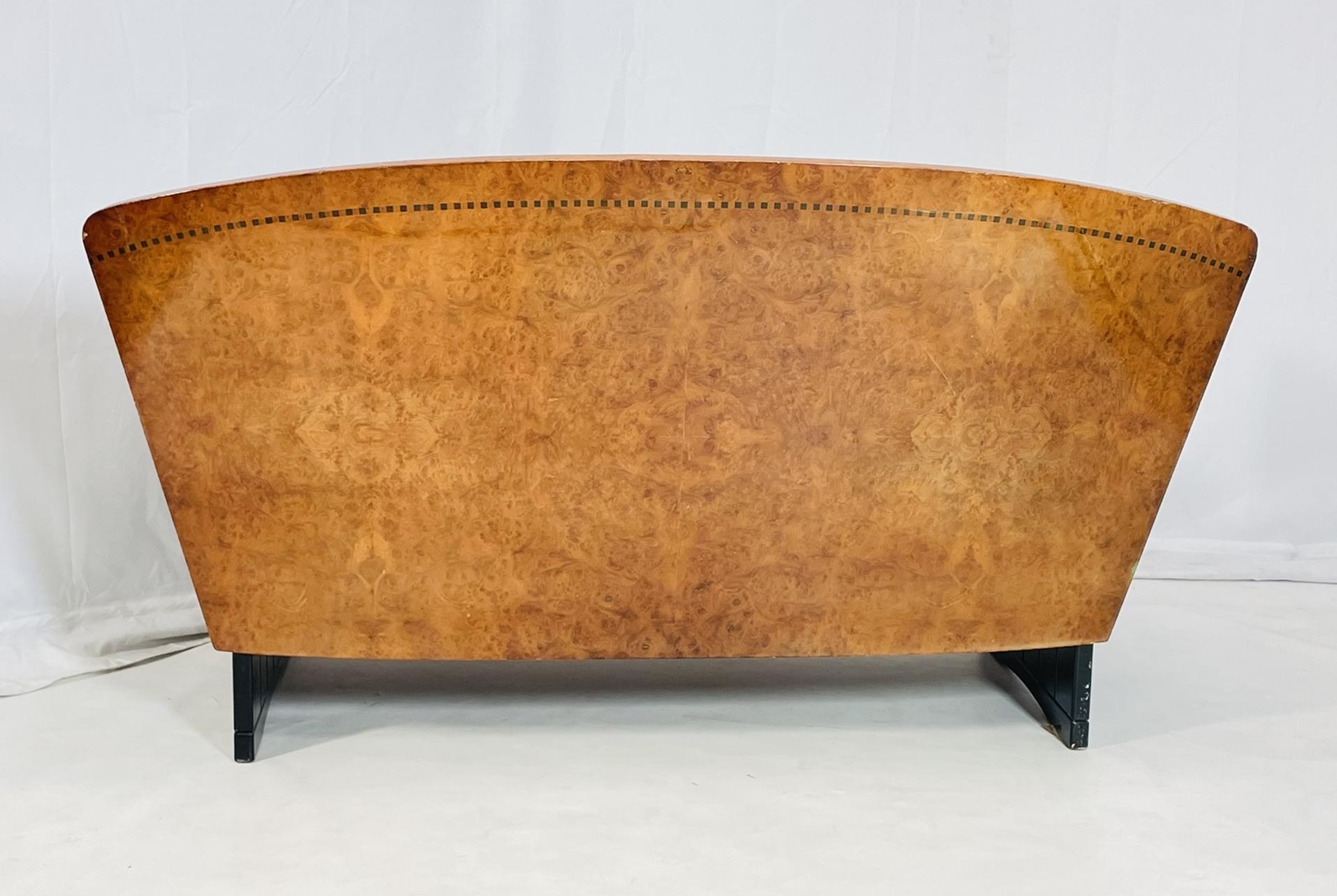 Art Deco Two Seater Sofa in Burlwood and Leather, France 1940s For Sale 1