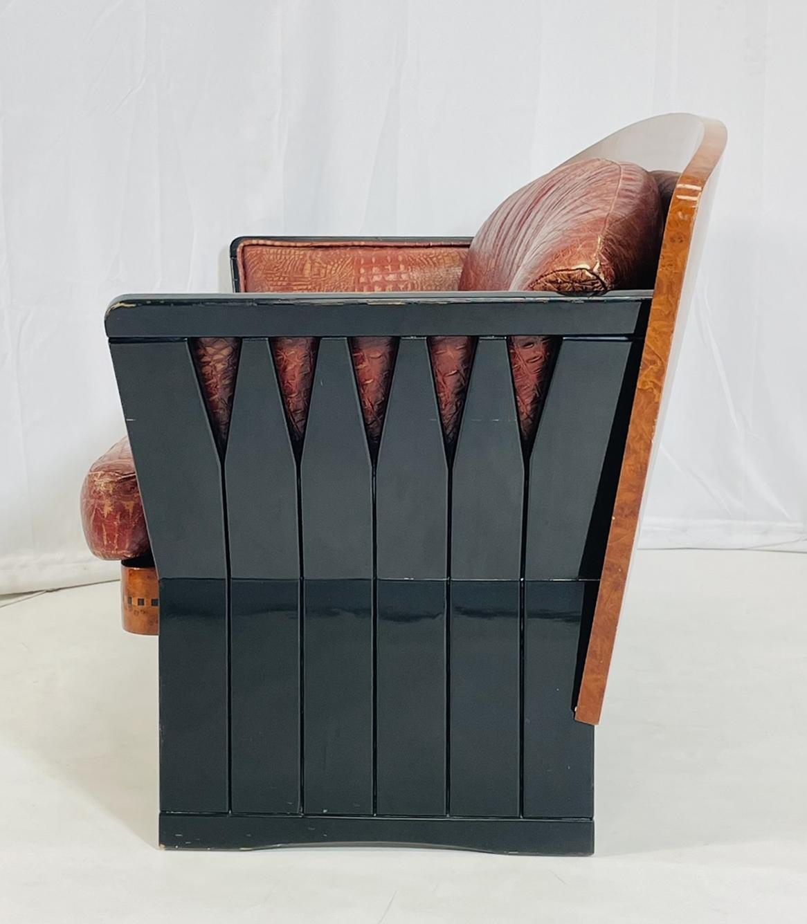 Art Deco Two Seater Sofa in Burlwood and Leather, France 1940s For Sale 2