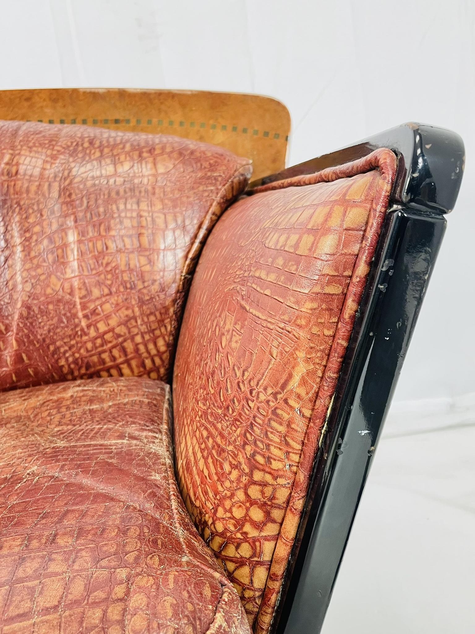 Art Deco Two Seater Sofa in Burlwood and Leather, France 1940s For Sale 3