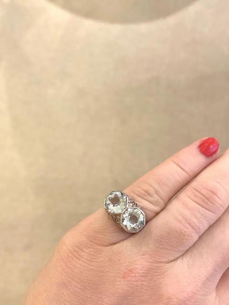 Women's or Men's Art Deco Two-Stone Aquamarine Ring with Diamond-Set Platinum Mount